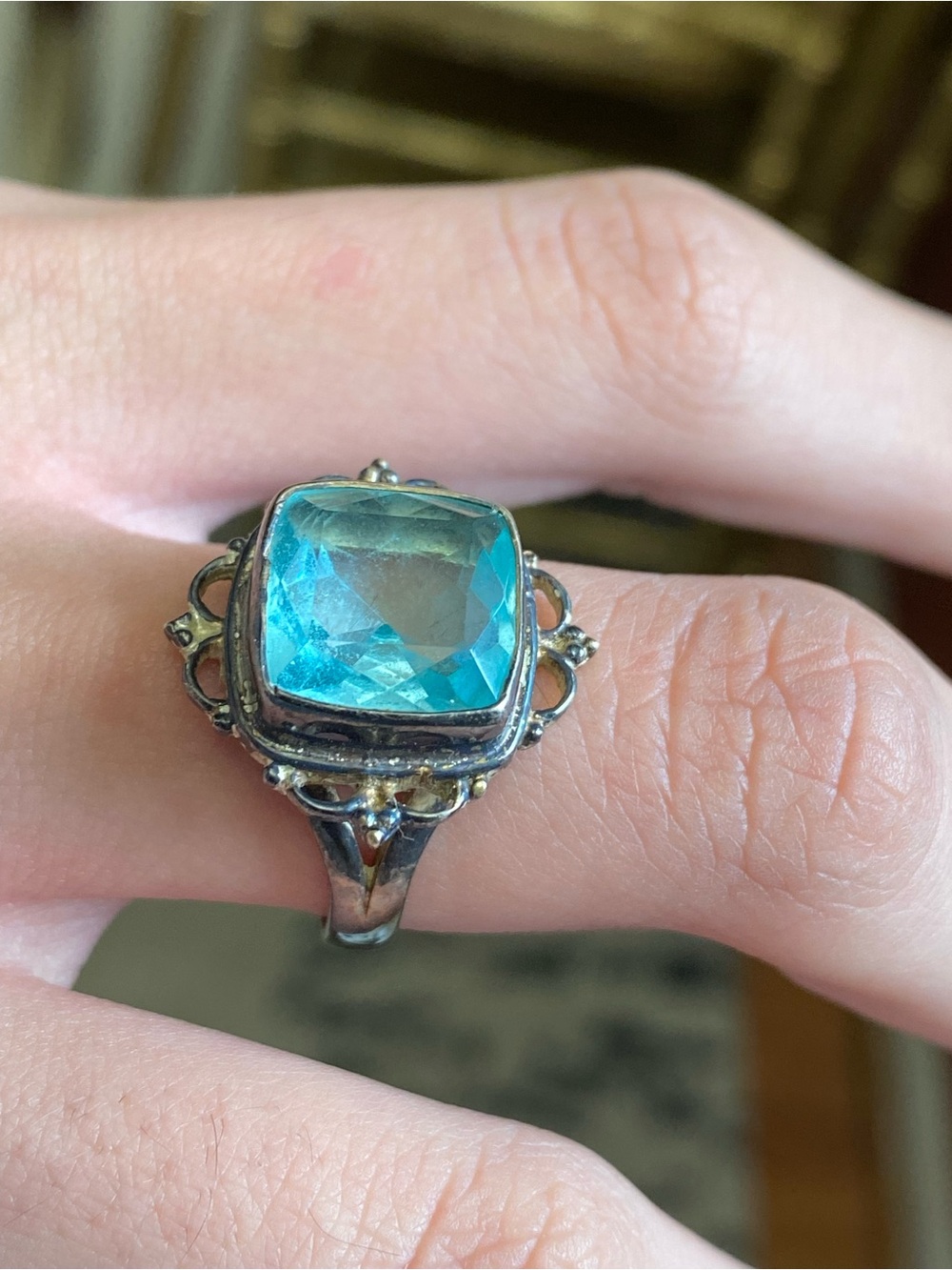 Vintage Art Deco Blue Topaz Ring With Filigree Setting Beautiful